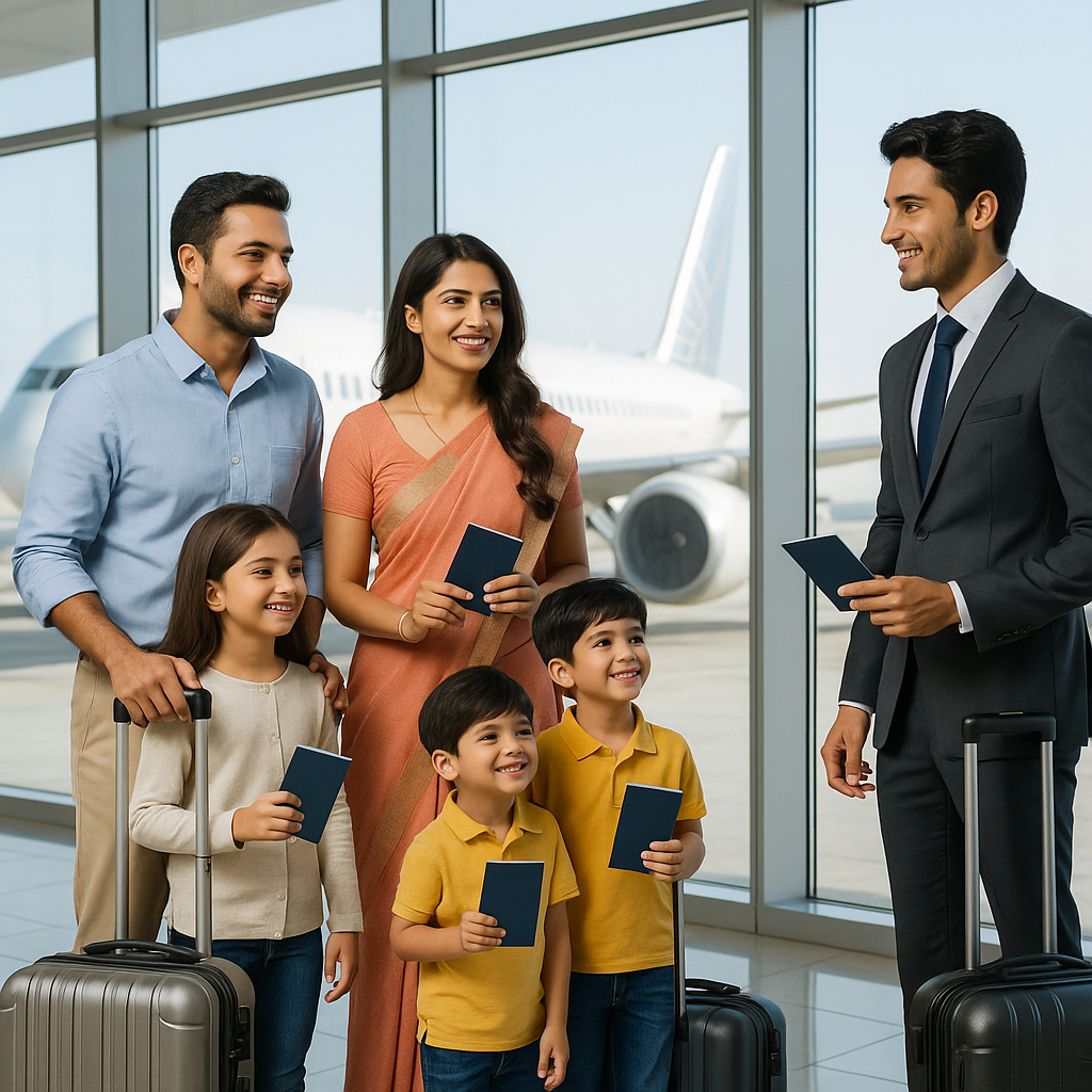 Indian family and professionals with passports and luggage in a modern airport terminal